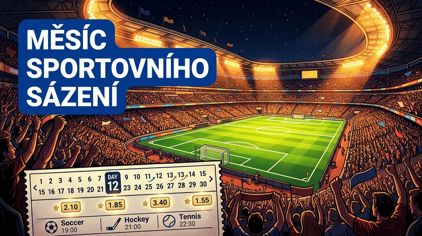 Energetic floodlit stadium, odds slip and calendar graphic symbolizing a month of sports betting.