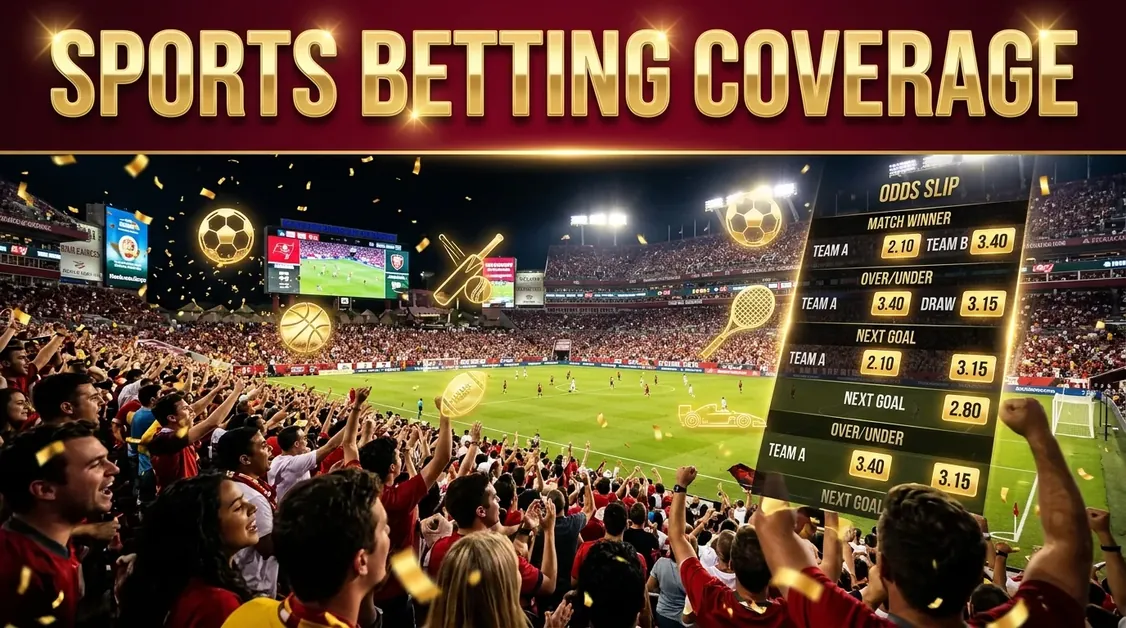 A diverse crowd in a floodlit stadium with glowing sports icons and odds slip, highlighting sports betting coverage.